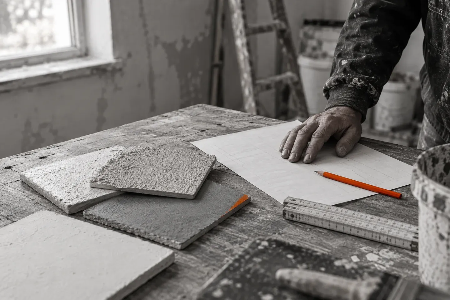 Arbeitsfläche im Malerbetrieb mit Materialmustern, Aufmaßblatt und orangefarbenem Stift.